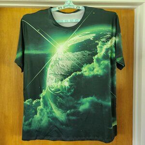 Green Earth Galaxy Clouds Men’s T-Shirt 3XL Short Sleeve Crewneck Stretch Silky
